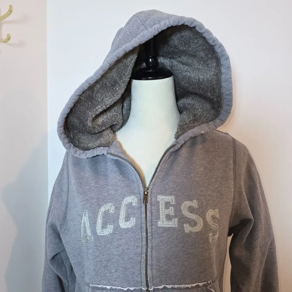 Vtg Womens Y2k Hoodie Sweatshirt Size L Full Zip Sherpa Spellout Gray Cropped